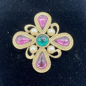 Vintage Gold Tone Purple Teardrop Cabochon Green Faux Pearl Maltese Cross Brooch